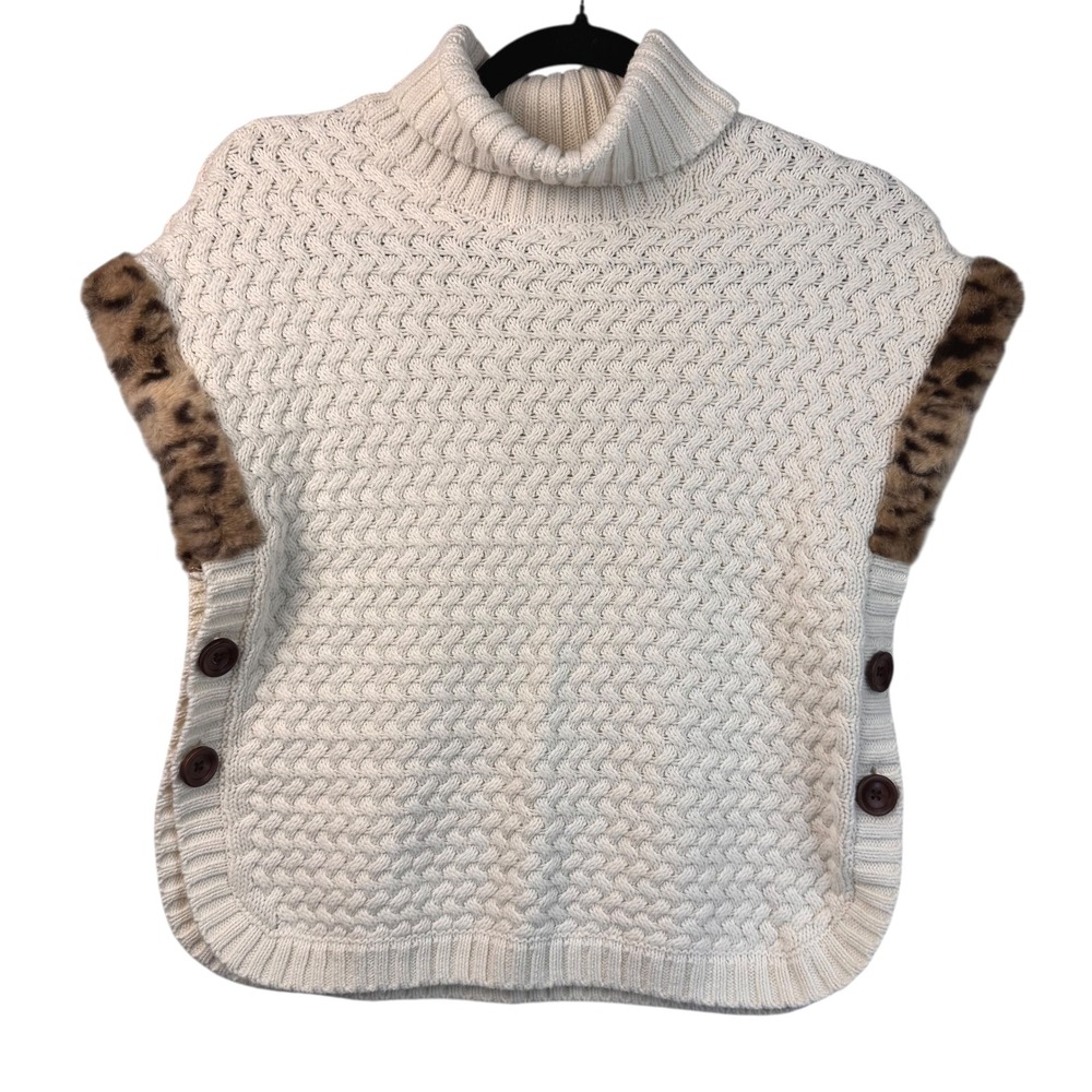 Aspen Kids Sweater Girls L 10/12 Cream Cable Knit Poncho Faux Fur Trim